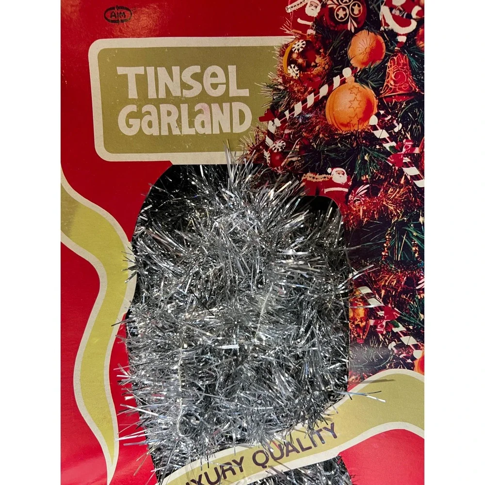 VTG AIM Tinsel Garland Silver Flameproof Tarnish Proof 75 ft Long 3 In Wide NEW